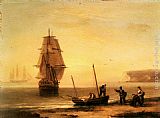 Thomas Luny Fishermen unloading the catch with a merchant ship in calm water off Brymer Bay, Devon painting